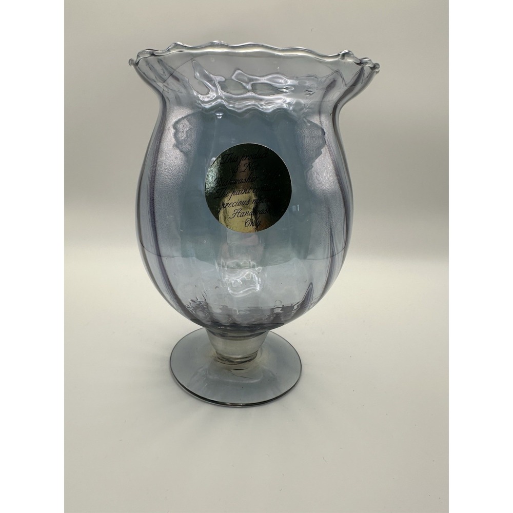 Vintage Opalescent Blue Blown Glass & Precious Metal Footed‎ Vase w/ Ruffled Rim
